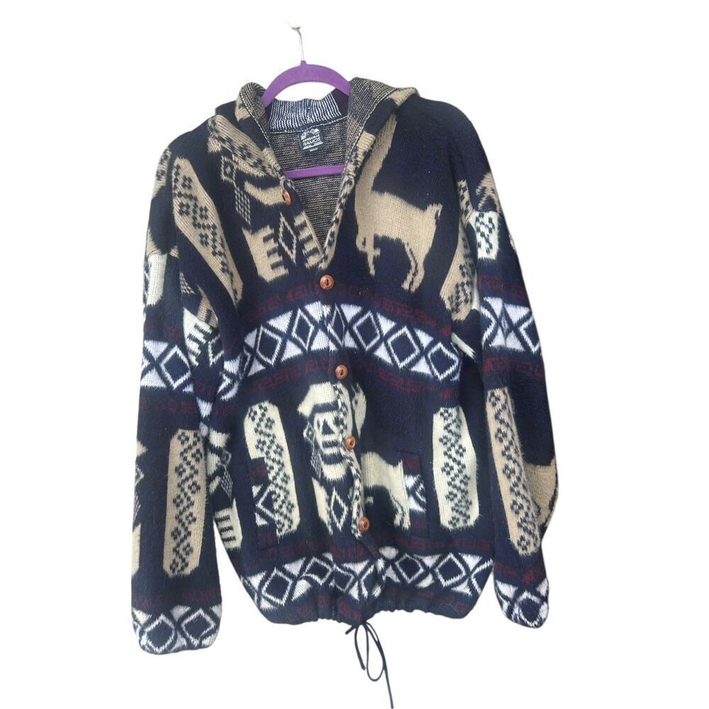 ARTESANIAS RAMOS unisex Cardigan Button Front Sweater L/XL blue White 100% Wool